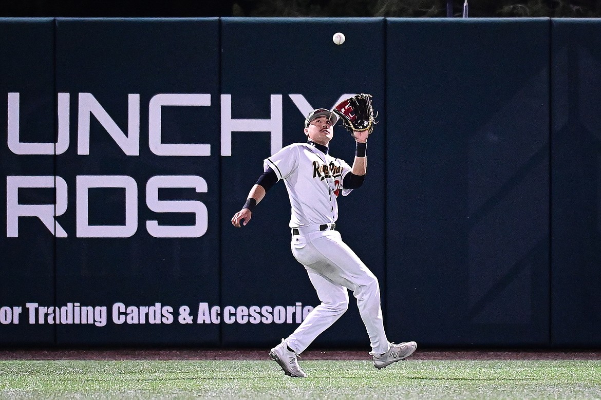 Glacier left fielder Chad Castillo (28) tracks down a fly ball against Yolo during Game 1 of the Pioneer League Championship Series at Glacier Bank Park on Tuesday, Sept. 17. (Casey Kreider/Daily Inter Lake)