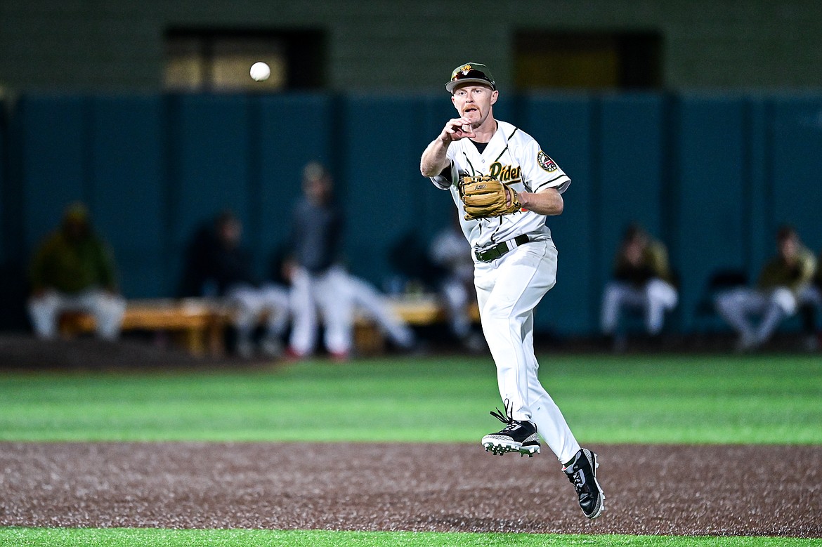 Glacier shortstop Andy Atwood (21) throws to first for an out against Yolo during Game 1 of the Pioneer League Championship Series at Glacier Bank Park on Tuesday, Sept. 17. (Casey Kreider/Daily Inter Lake)