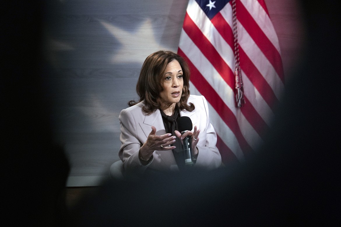 Democratic presidential nominee Vice President Kamala Harris Vice, seen on a handheld mobile phone, is interviewed by National Association of Black Journalists members Tonya Mosley, and Gerren Keith Gaynor, with moderator Eugene Daniels, at the WHYY studio in Philadelphia, Tuesday, Sept. 17, 2024. (AP Photo/Matt Rourke)