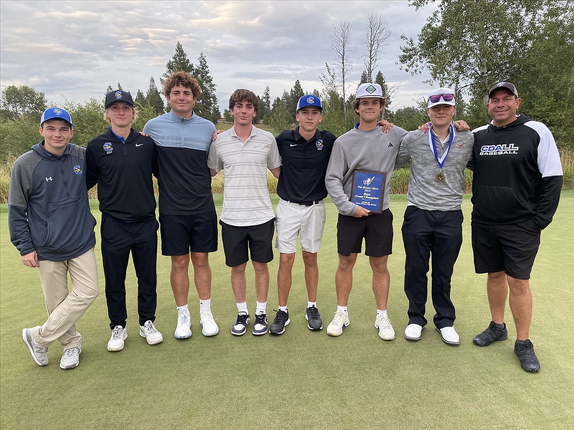 Courtesy photo
The Coeur d'Alene High boys golf team won the team title at the Raven Invitational at Circling Raven Golf Club on Tuesday in Worley. From left are Jake-Ryan Borowski, Brady Rubert, Dylan Cook, Ben Crabb, Hunter Paquin, Grant Potter, Ben Focke and coach Chase Bennett.