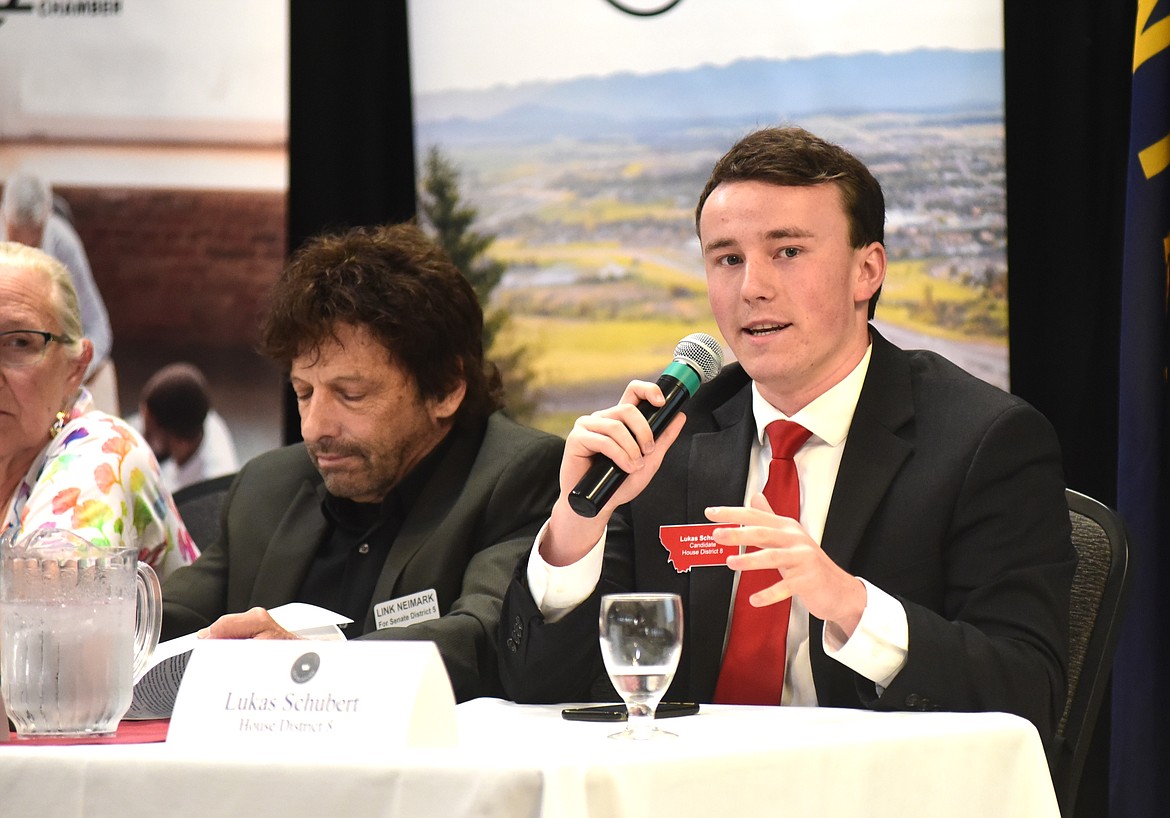 Lukas Schubert, Republican candidate for House District 8, answers a question at a candidate forum hosted by the Kalispell Chamber of Commerce on Tuesday, Sept. 17, 2024 at the Red Lion Hotel in Kalispell. To his right is Link Neimark, a Democratic candidate for Senate District 5. (Matt Baldwin/Daily Inter Lake)