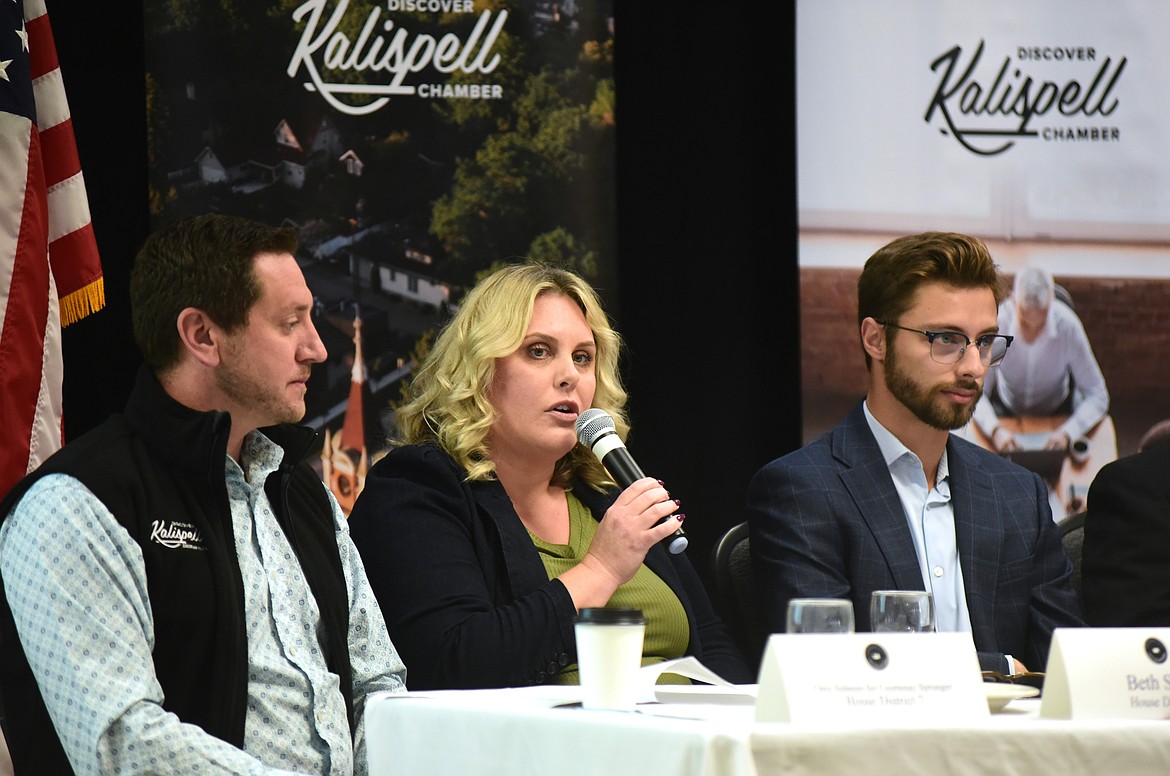 Beth Sibert, Democratic candidate for House District 8, answers a question at a candidate forum hosted by the Kalispell Chamber of Commerce on Tuesday, Sept. 17, 2024 at the Red Lion Hotel in Kalispell. (Matt Baldwin/Daily Inter Lake)