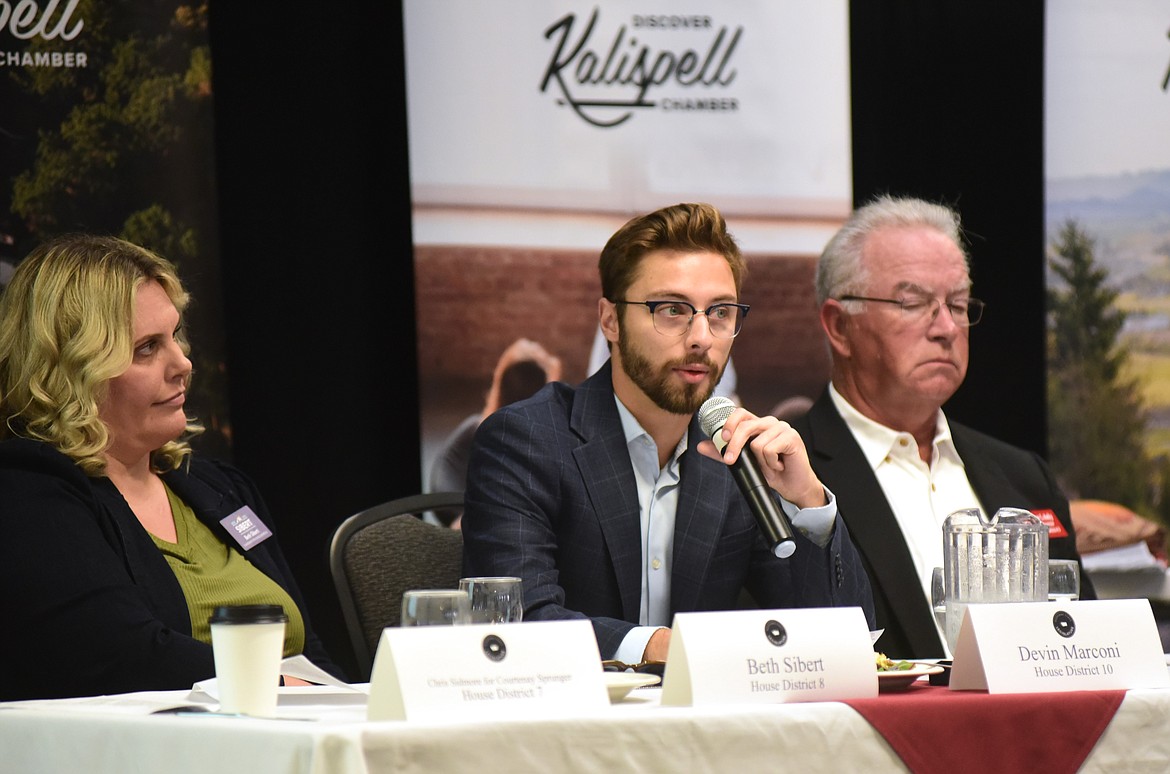 Devin Marconi, Democratic candidate for House District 10, answers a question at a candidate forum hosted by the Kalispell Chamber of Commerce on Tuesday, Sept. 17, 2024 at the Red Lion Hotel in Kalispell. (Matt Baldwin/Daily Inter Lake)