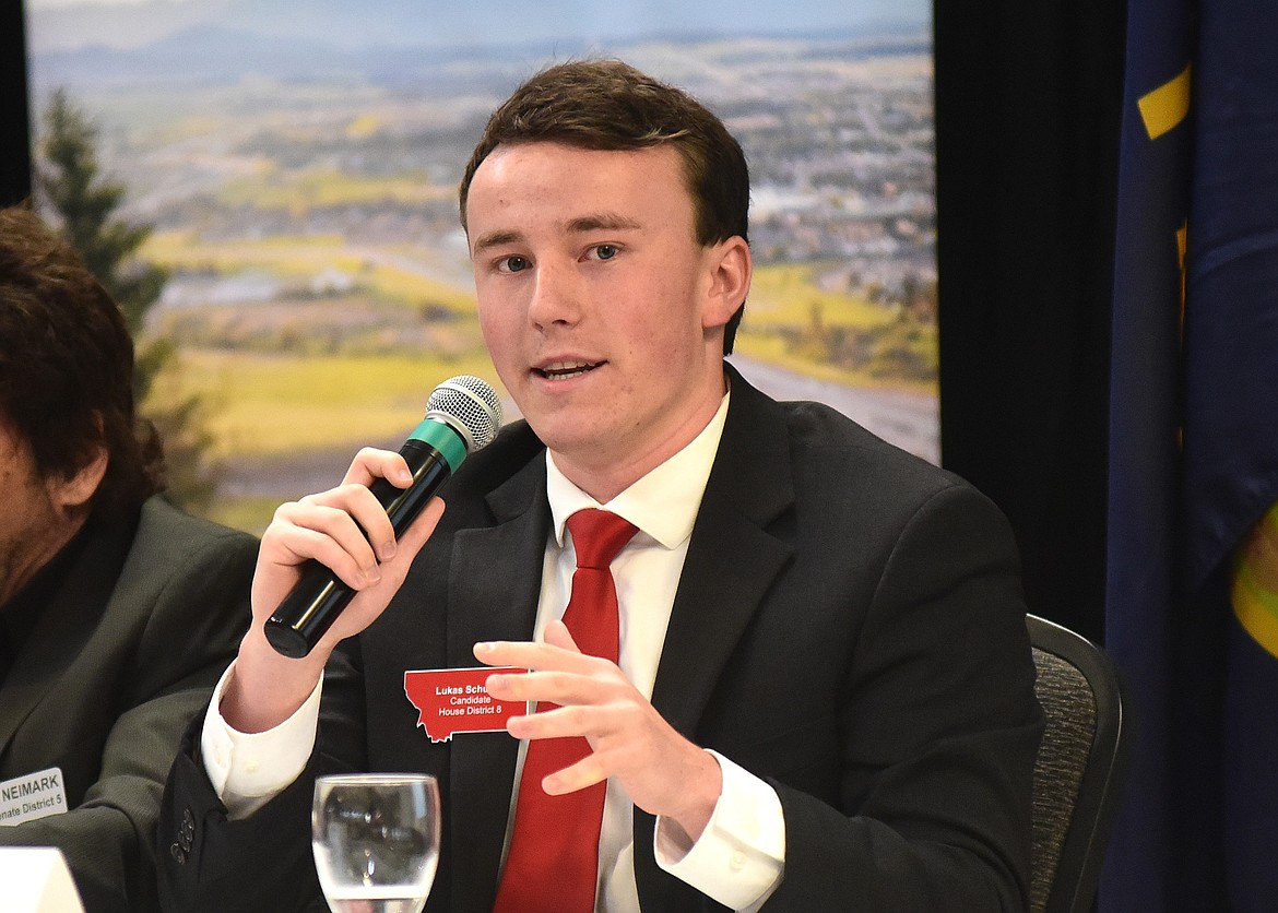 Lukas Schubert, Republican candidate for House District 8, answers a question at a candidate forum hosted by the Kalispell Chamber of Commerce on Tuesday, Sept. 17, 2024 at the Red Lion Hotel in Kalispell. (Matt Baldwin/Daily Inter Lake)