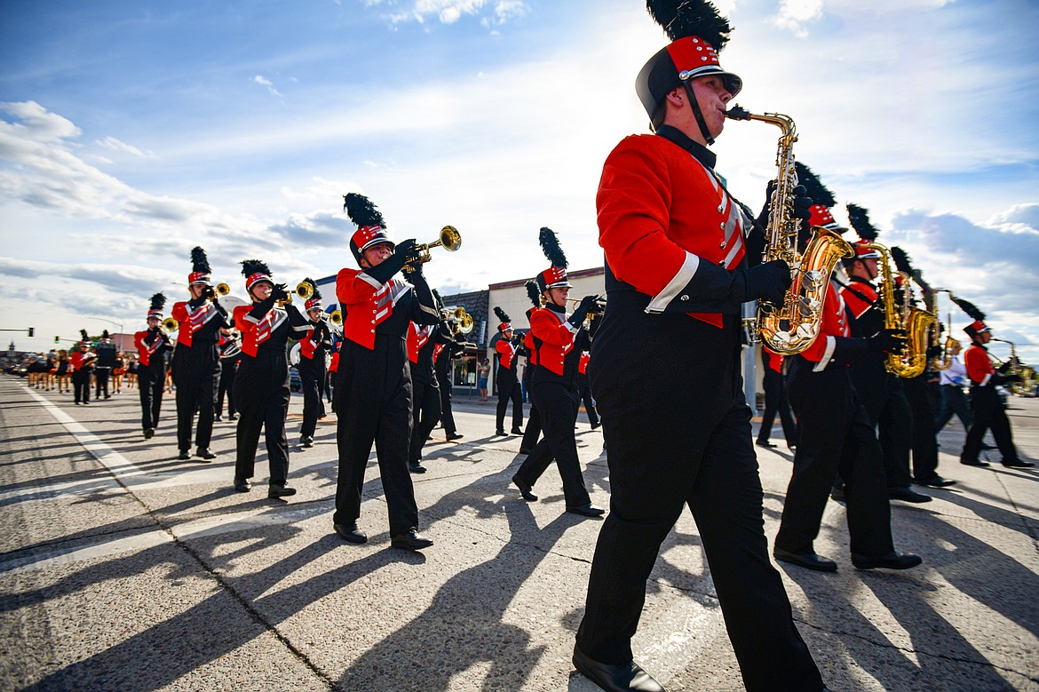 The Flathead High School Marching Band performs during the school's Homecoming Parade along Main Street in Kalispell on Wednesday, Sept. 18. (Casey Kreider/Daily Inter Lake)