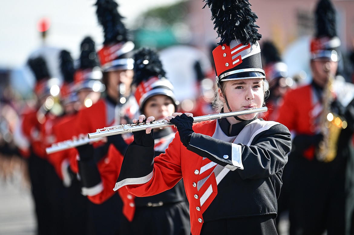 The Flathead High School Marching Band performs during the school's Homecoming Parade along Main Street in Kalispell on Wednesday, Sept. 18. (Casey Kreider/Daily Inter Lake)