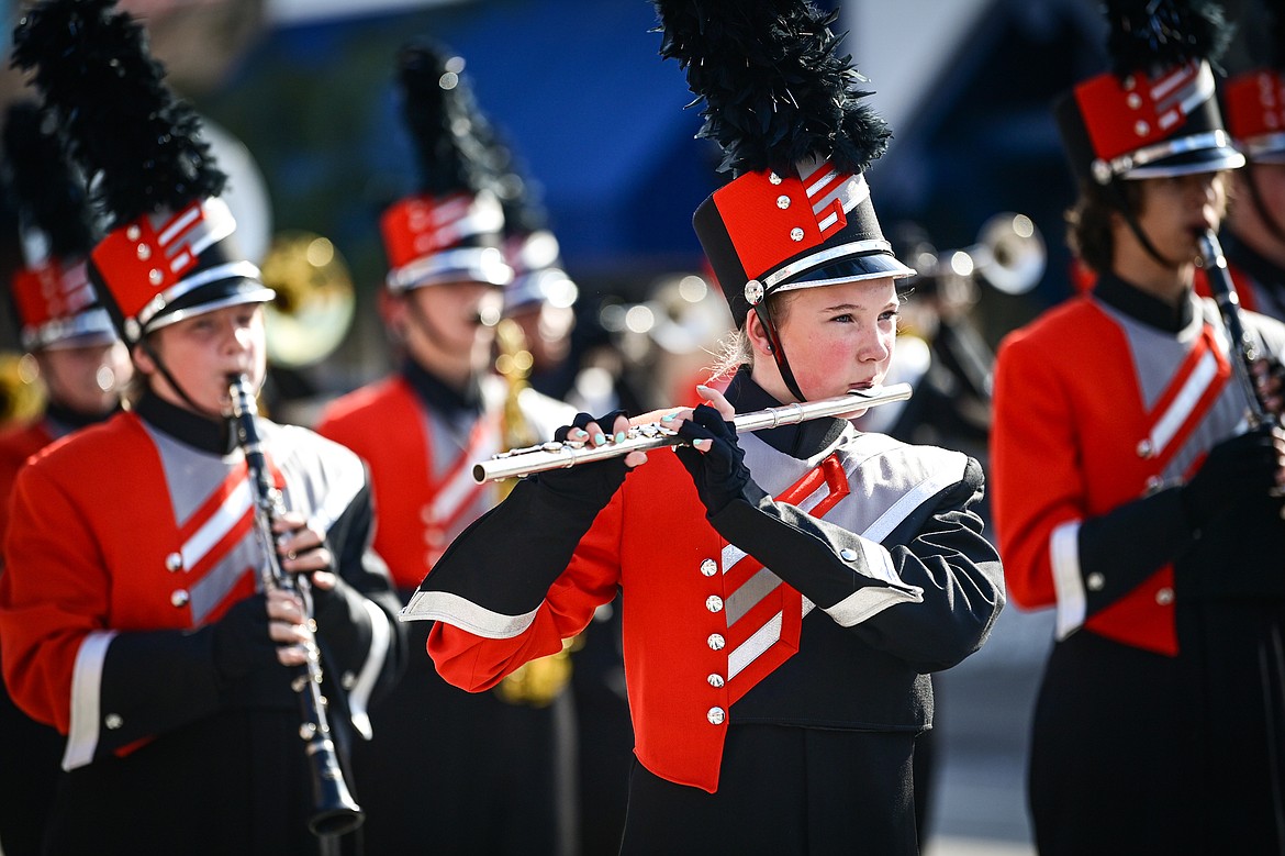 The Flathead High School Marching Band performs during the school's Homecoming Parade along Main Street in Kalispell on Wednesday, Sept. 18. (Casey Kreider/Daily Inter Lake)