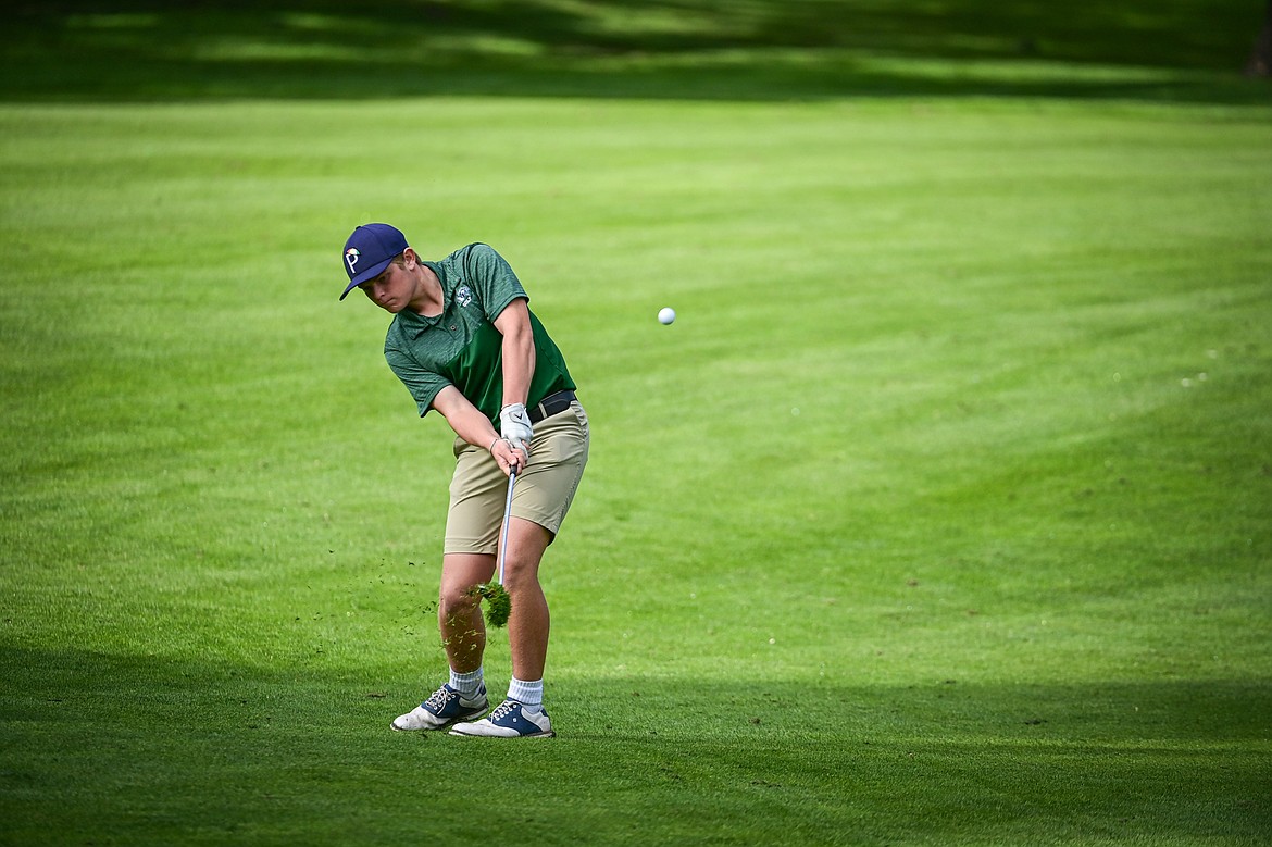 Glacier's Torren Murray hits his approach on the fourth hole during the Kalispell Invitational at Buffalo Hill Golf Club on Thursday, Sept. 19. (Casey Kreider/Daily Inter Lake)