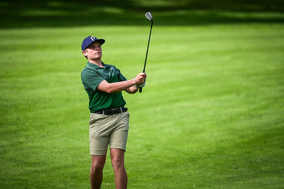 Glacier's Torren Murray watches his approach on the fourth hole during the Kalispell Invitational at Buffalo Hill Golf Club on Thursday, Sept. 19. (Casey Kreider/Daily Inter Lake)