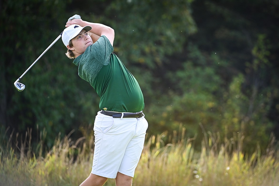 Glacier's Tanyon Murray watches his tee shot on the fifth hole during the Kalispell Invitational at Buffalo Hill Golf Club on Thursday, Sept. 19. (Casey Kreider/Daily Inter Lake)