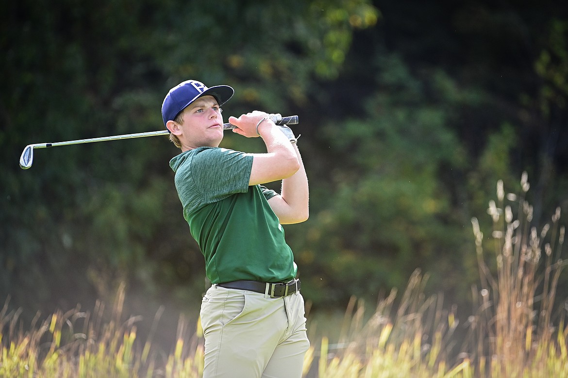 Glacier's Torren Murray watches his tee shot on the fifth hole during the Kalispell Invitational at Buffalo Hill Golf Club on Thursday, Sept. 19. (Casey Kreider/Daily Inter Lake)