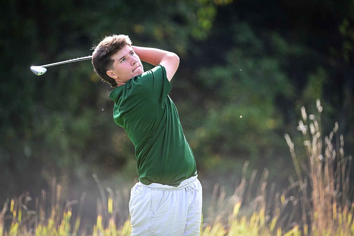 Whitefish's Otto Klein watches his tee shot on the fifth hole during the Kalispell Invitational at Buffalo Hill Golf Club on Thursday, Sept. 19. (Casey Kreider/Daily Inter Lake)