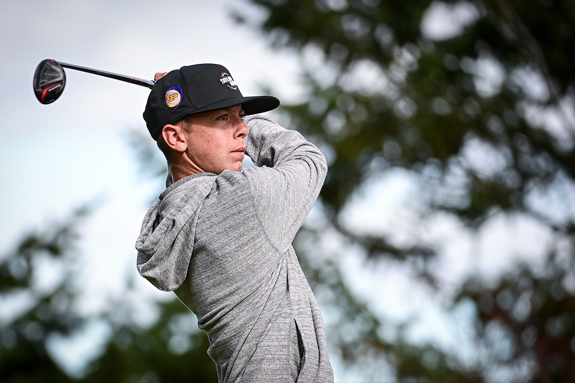 Polson's Max Milton watches his tee shot on the fourth hole during the Kalispell Invitational at Buffalo Hill Golf Club on Thursday, Sept. 19. (Casey Kreider/Daily Inter Lake)