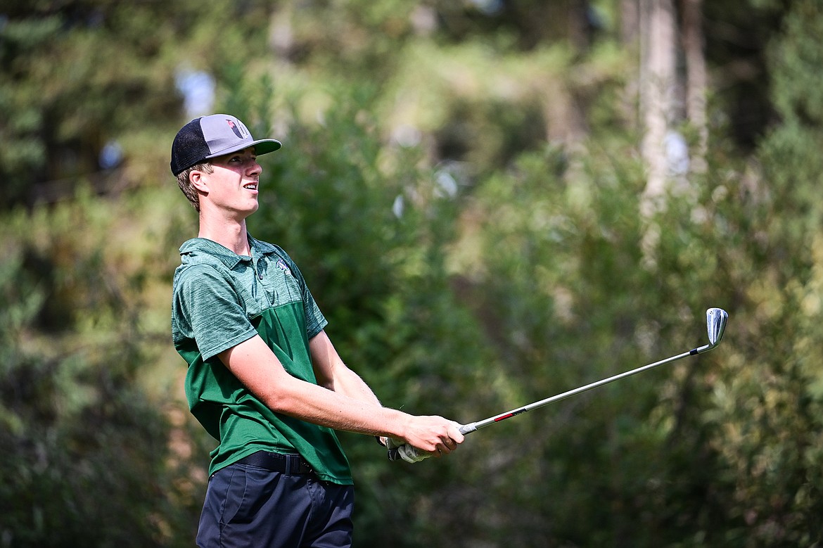 Glacier's Sam Engellant watches his tee shot on the sixth hole during the Kalispell Invitational at Buffalo Hill Golf Club on Thursday, Sept. 19. (Casey Kreider/Daily Inter Lake)