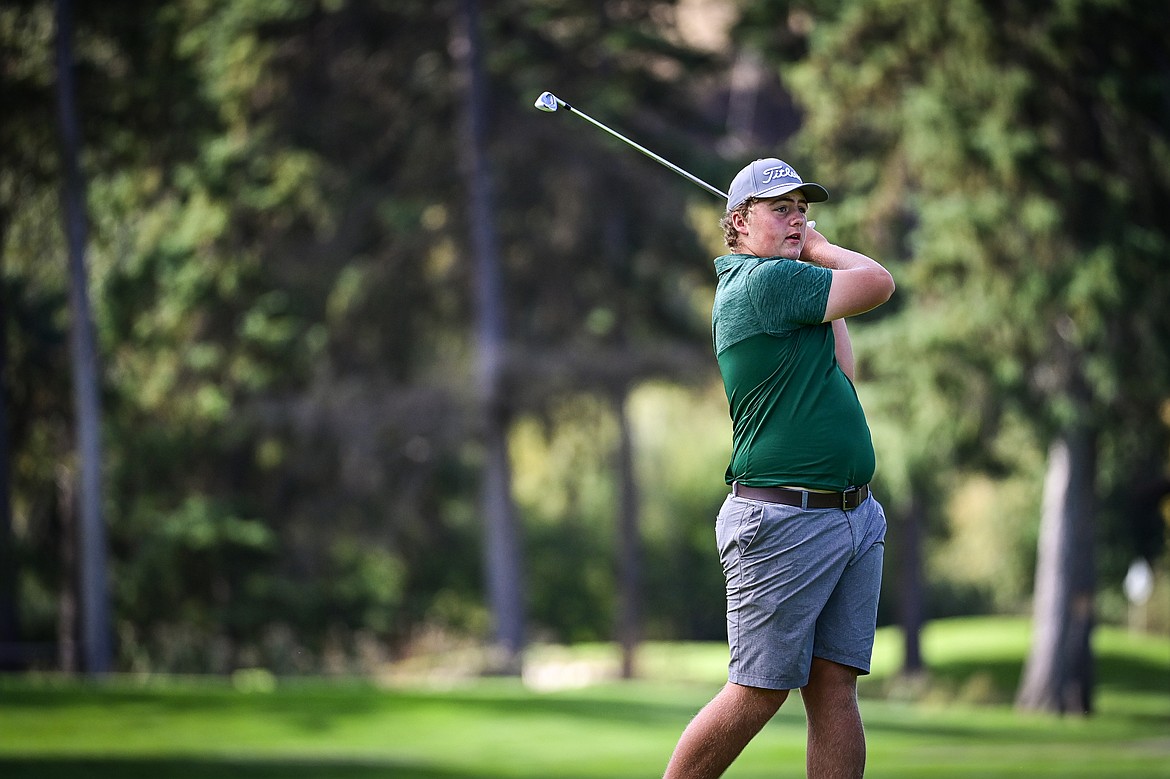 Glacier's Luke Nelson watches his approach on the sixth hole during the Kalispell Invitational at Buffalo Hill Golf Club on Thursday, Sept. 19. (Casey Kreider/Daily Inter Lake)