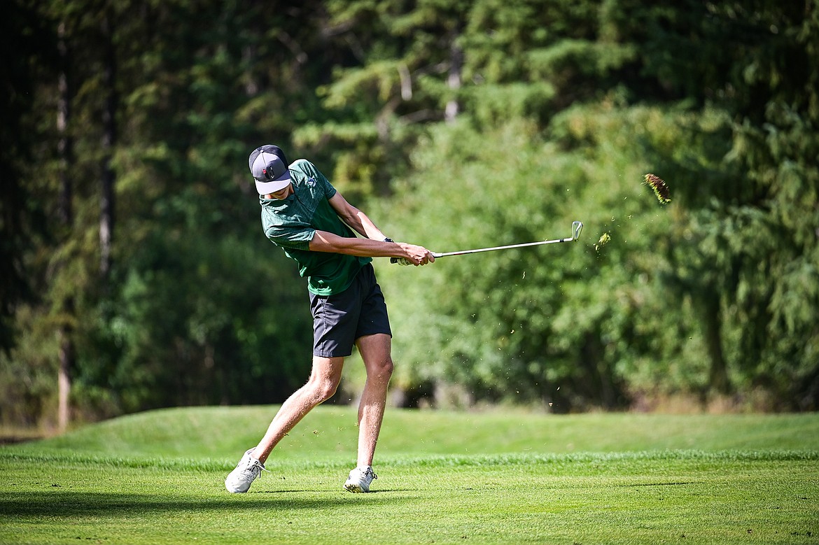 Glacier's Sam Engellant hits his approach on the sixth hole during the Kalispell Invitational at Buffalo Hill Golf Club on Thursday, Sept. 19. (Casey Kreider/Daily Inter Lake)