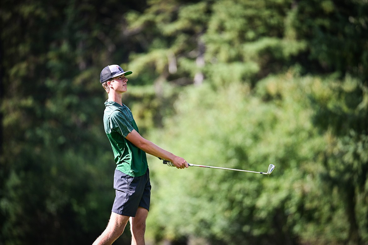 Glacier's Sam Engellant watches his approach on the sixth hole during the Kalispell Invitational at Buffalo Hill Golf Club on Thursday, Sept. 19. (Casey Kreider/Daily Inter Lake)