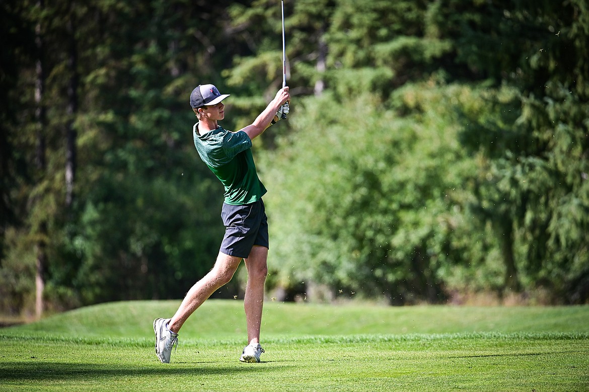 Glacier's Sam Engellant hits his approach on the sixth hole during the Kalispell Invitational at Buffalo Hill Golf Club on Thursday, Sept. 19. (Casey Kreider/Daily Inter Lake)