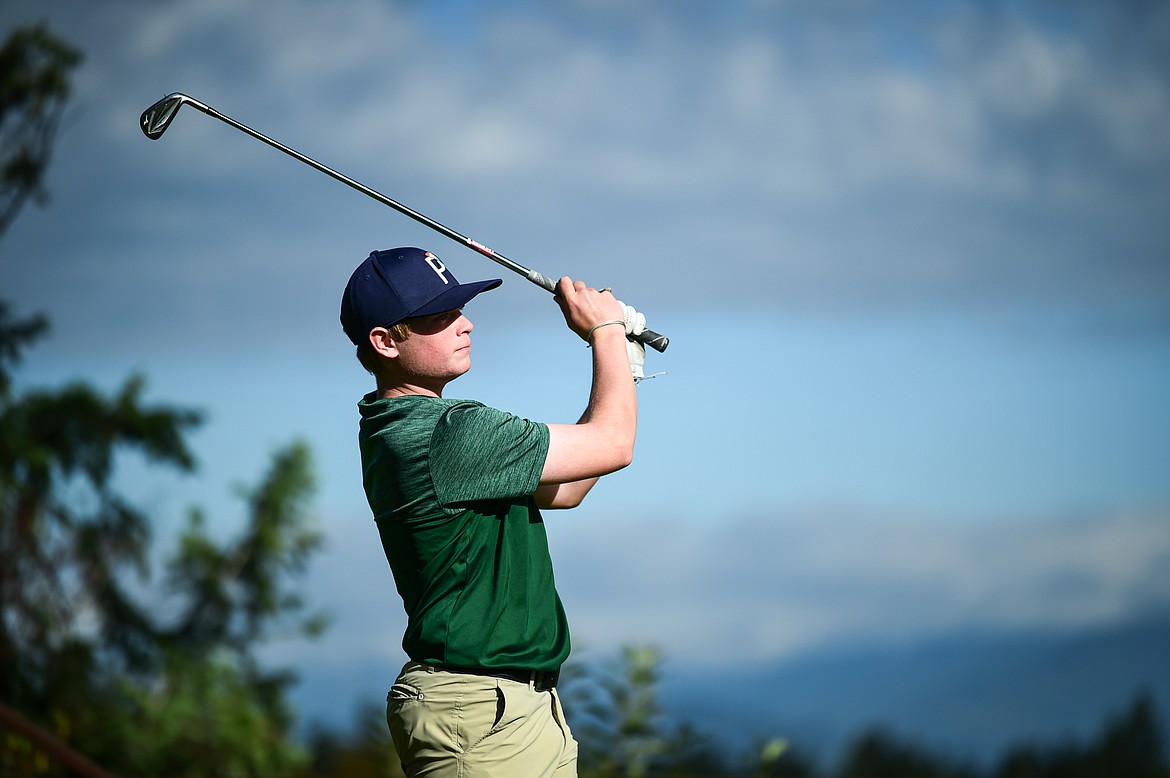 Glacier's Torren Murray watches his tee shot on the fourth hole during the Kalispell Invitational at Buffalo Hill Golf Club on Thursday, Sept. 19. (Casey Kreider/Daily Inter Lake)