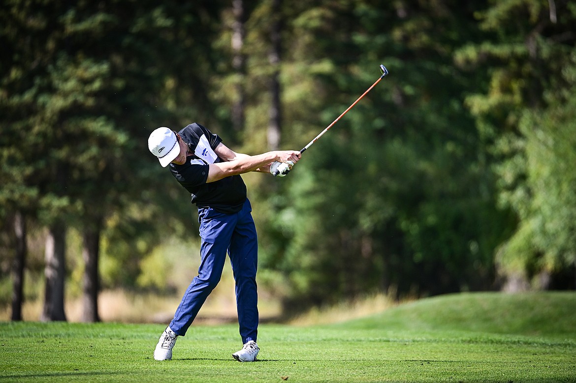 Columbia Falls' Winslow Peters hits his approach on the sixth hole during the Kalispell Invitational at Buffalo Hill Golf Club on Thursday, Sept. 19. (Casey Kreider/Daily Inter Lake)