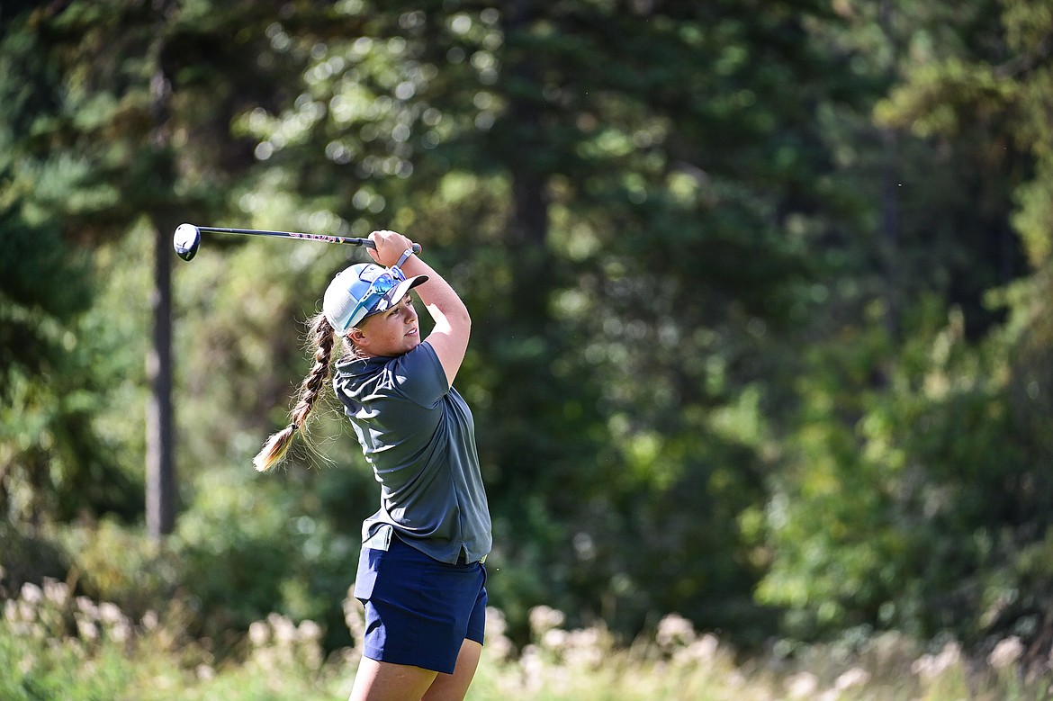 Great Falls' Hanna Boyd watches her shot on the sixth hole during the Kalispell Invitational at Buffalo Hill Golf Club on Thursday, Sept. 19. (Casey Kreider/Daily Inter Lake)