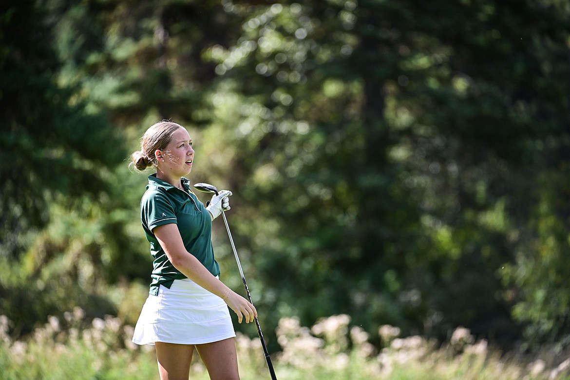 Whitefish's Karlee Brown watches her tee shot on the sixth hole during the Kalispell Invitational at Buffalo Hill Golf Club on Thursday, Sept. 19. (Casey Kreider/Daily Inter Lake)