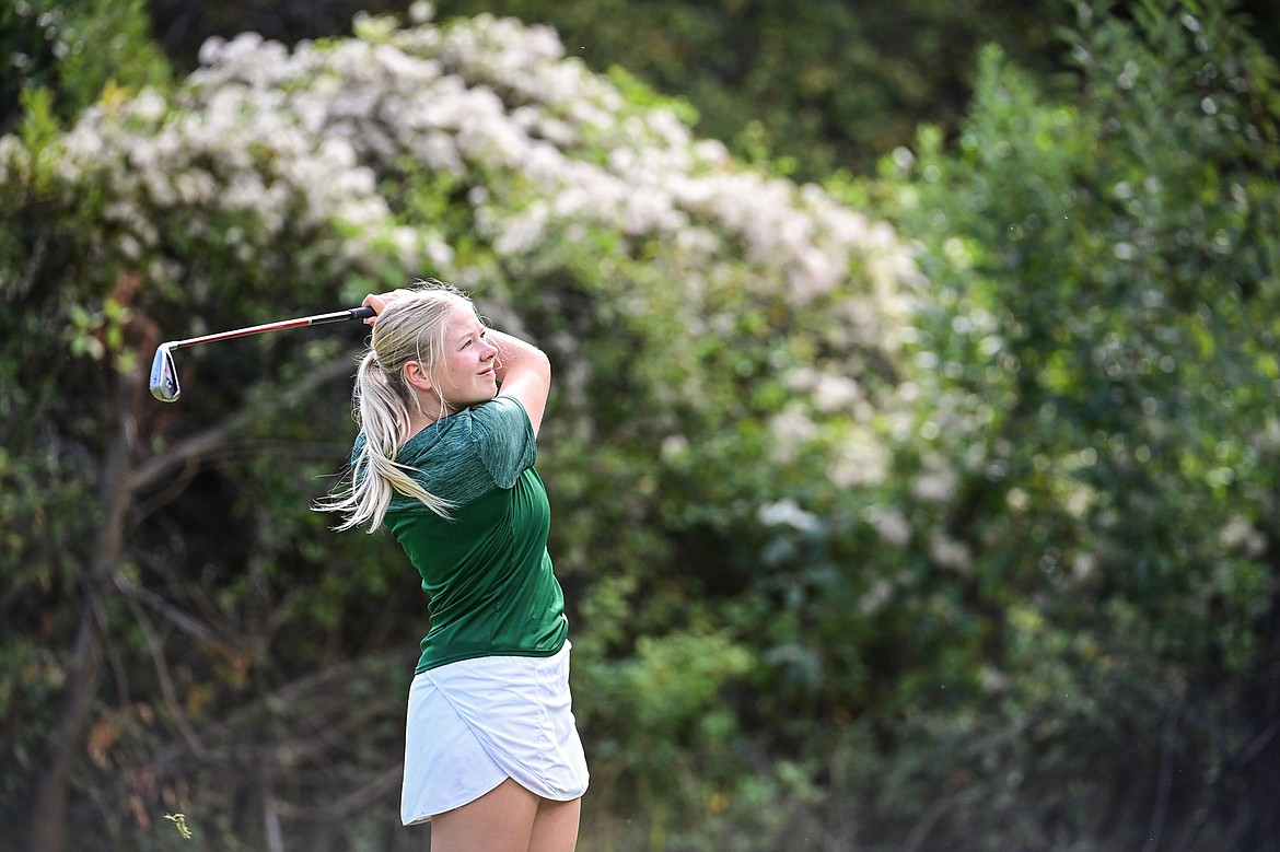 Glacier's Vaida Cole watches her shot on the fifth hole during the Kalispell Invitational at Buffalo Hill Golf Club on Thursday, Sept. 19. (Casey Kreider/Daily Inter Lake)