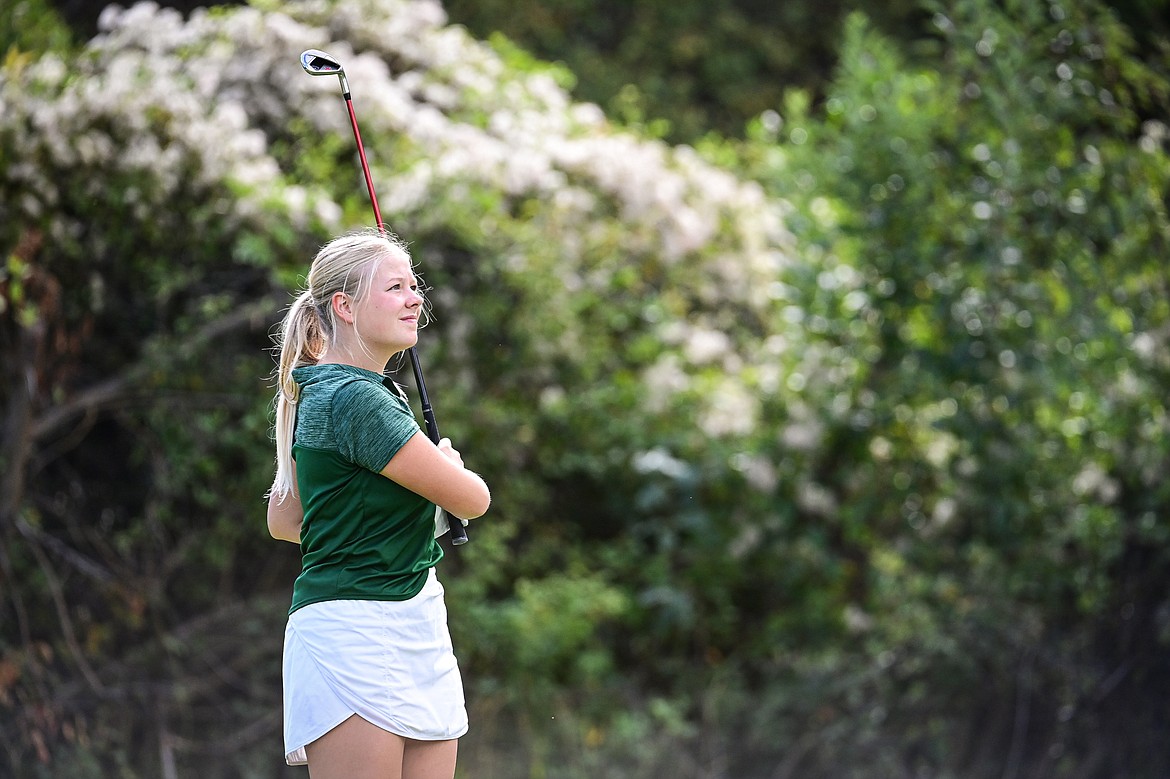 Glacier's Vaida Cole watches her shot on the fifth hole during the Kalispell Invitational at Buffalo Hill Golf Club on Thursday, Sept. 19. (Casey Kreider/Daily Inter Lake)