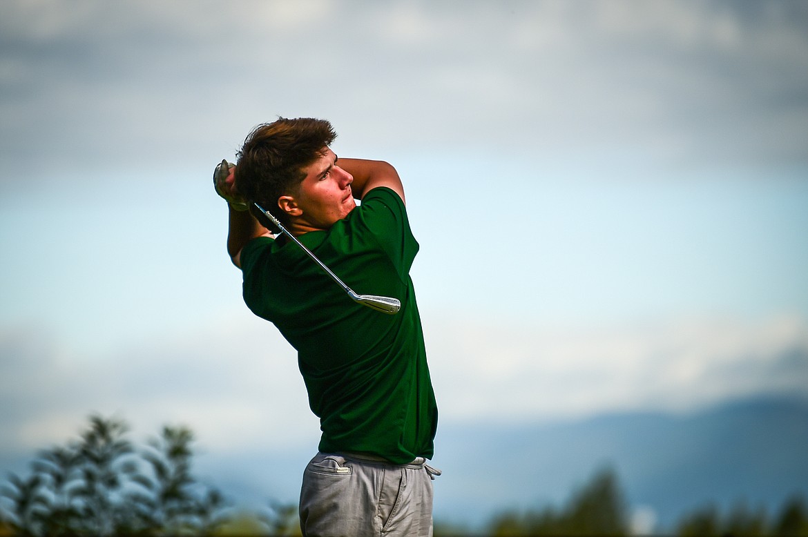 Whitefish's Otto Klein watches his tee shot on the fourth hole during the Kalispell Invitational at Buffalo Hill Golf Club on Thursday, Sept. 19. (Casey Kreider/Daily Inter Lake)