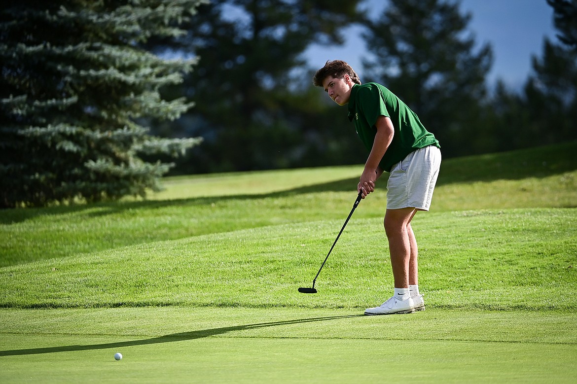 Whitefish's Otto Klein watches his putt on the third hole during the Kalispell Invitational at Buffalo Hill Golf Club on Thursday, Sept. 19. (Casey Kreider/Daily Inter Lake)