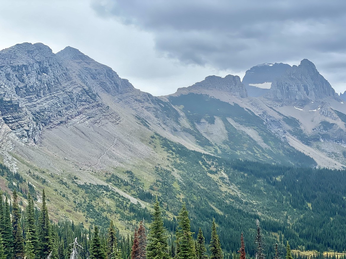 A view of the Highline Trail and its junction with the Grinnell Glacier Overlook Trail in Glacier National Park on Sunday, Sept. 15, 2024. (Matt Baldwin/Daily Inter Lake)