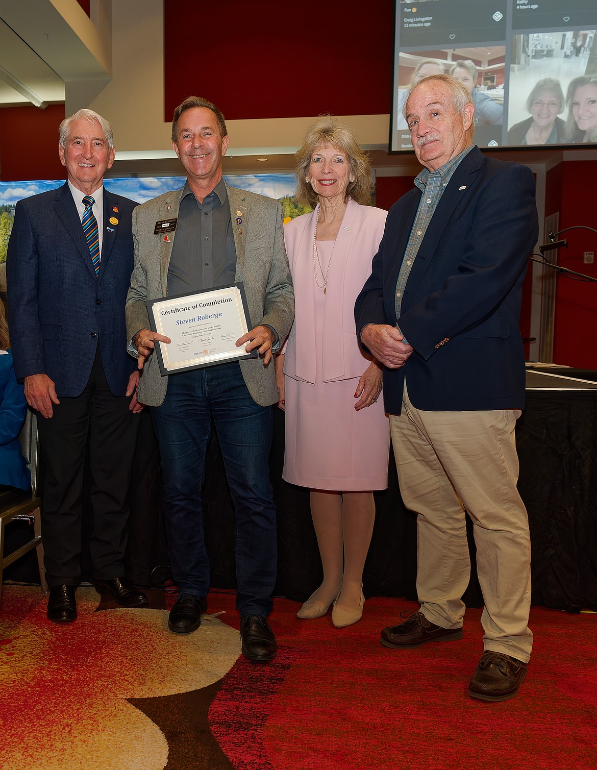 From left to right: Rotary International Director Dan Himelspach, District Governor Nominee Steve Roberge, Rotary International Director Elect Wyn Spiller, Rotarian Steve Spiller, after Roberge completed the Governor Nominee Learning Seminar on September 11th.