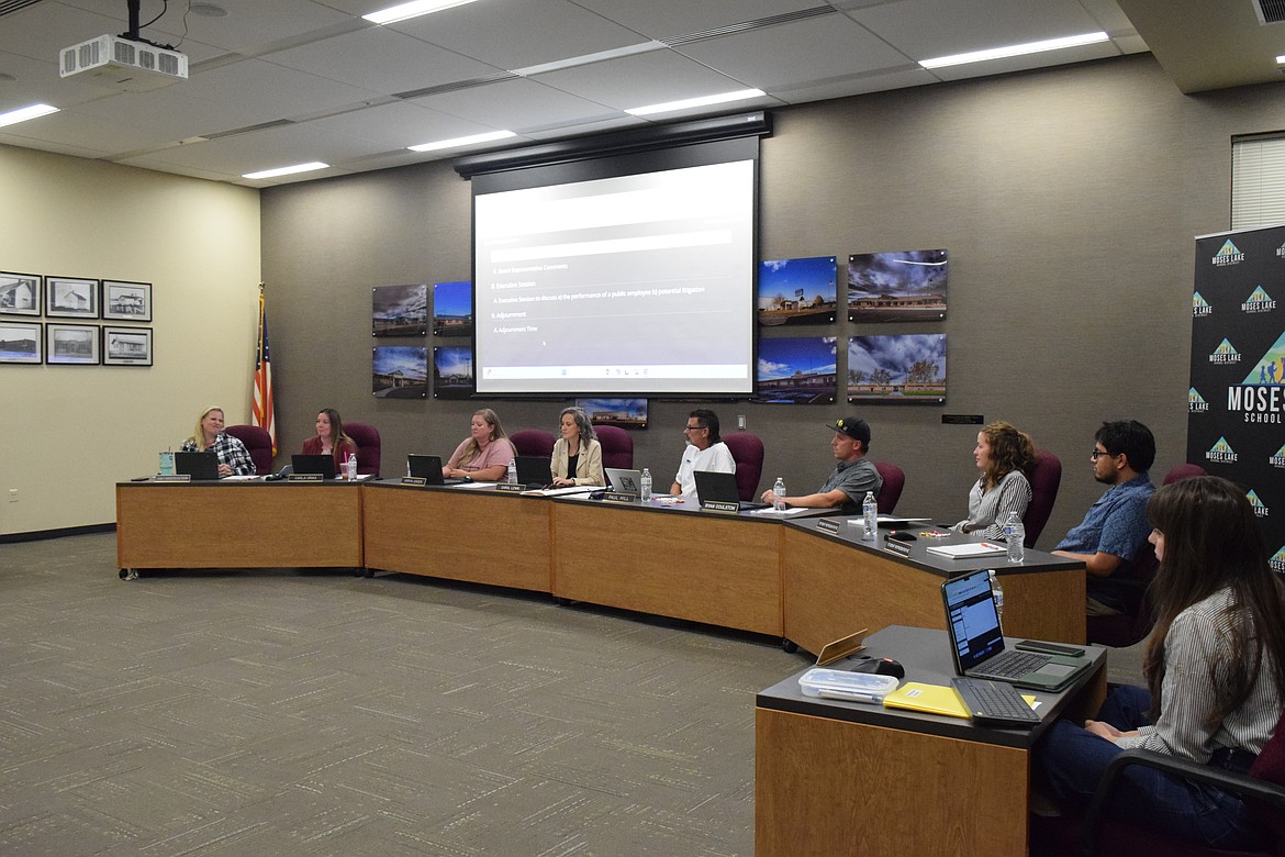 The Moses Lake School Board passed an updated facility use fee schedule and began the discussion of a forensic audit. Amy Breitenstein, far left, asked that members of the community show up for the special MLSD meeting at 6:30 p.m. on Sept. 26 where the board will hear public comments regarding the potential audit. Written public comments are due at 12 p.m. on the meeting day.