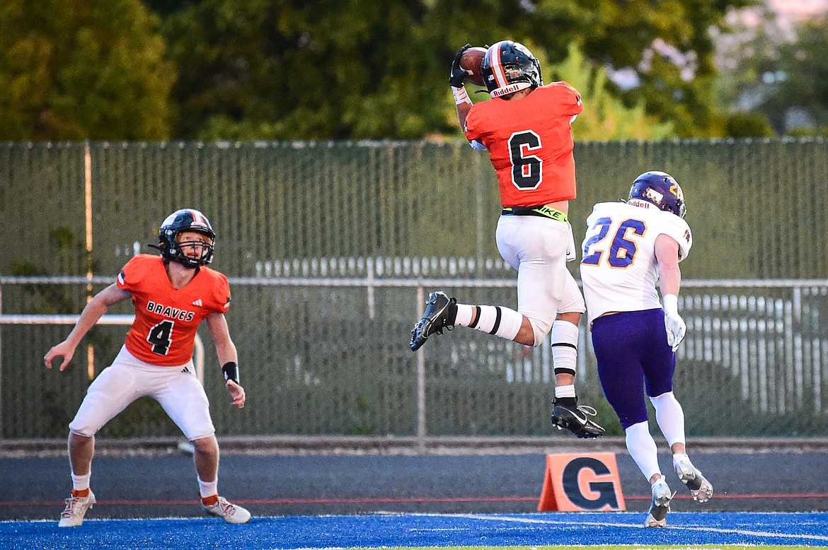 Flathead wide receiver Eli Coopman (6) catches a touchdown reception on a double reverse pass play in the first quarter against Missoula Sentinel at Legends Stadium on Friday, Sept. 20. (Casey Kreider/Daily Inter Lake)