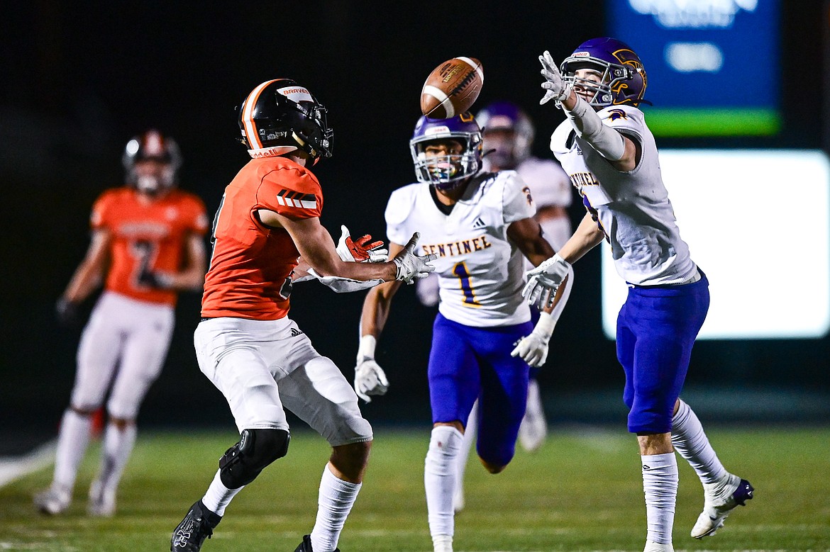 Flathead wide receiver Lane Chivers (3) catches a pass along the sideline in the third quarter against Missoula Sentinel at Legends Stadium on Friday, Sept. 20. (Casey Kreider/Daily Inter Lake)