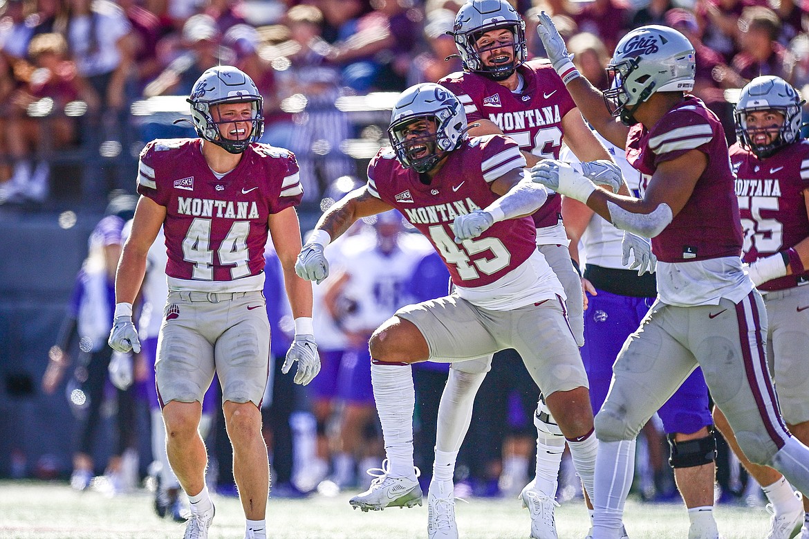 Grizzlies linebacker Caleb Otlewski (45) celebrates after a sack in the third quarter against Western Carolina at Washington-Grizzly Stadium on Saturday, Sept. 21. (Casey Kreider/Daily Inter Lake)