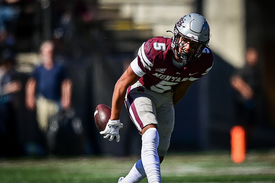 Grizzlies wide receiver Junior Bergen (5) celebrates after a reception in the second quarter against Western Carolina at Washington-Grizzly Stadium on Saturday, Sept. 21. (Casey Kreider/Daily Inter Lake)