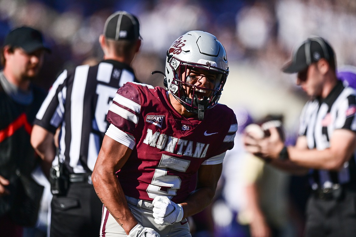 Grizzlies wide receiver Junior Bergen (5) celebrates after a reception in the fourth quarter against Western Carolina at Washington-Grizzly Stadium on Saturday, Sept. 21. (Casey Kreider/Daily Inter Lake)