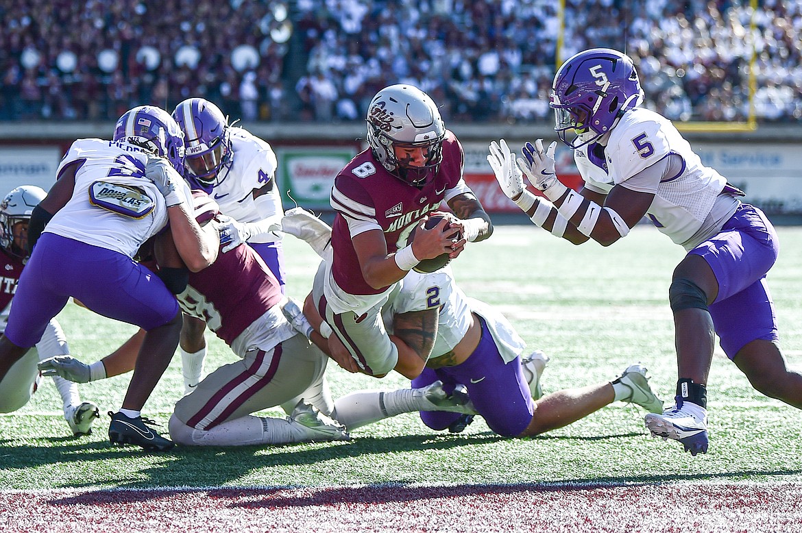 Grizzlies quarterback Keali'i Ah Yat (8) scores a touchdown on a 6-yard run in the third quarter against Western Carolina at Washington-Grizzly Stadium on Saturday, Sept. 21. (Casey Kreider/Daily Inter Lake)