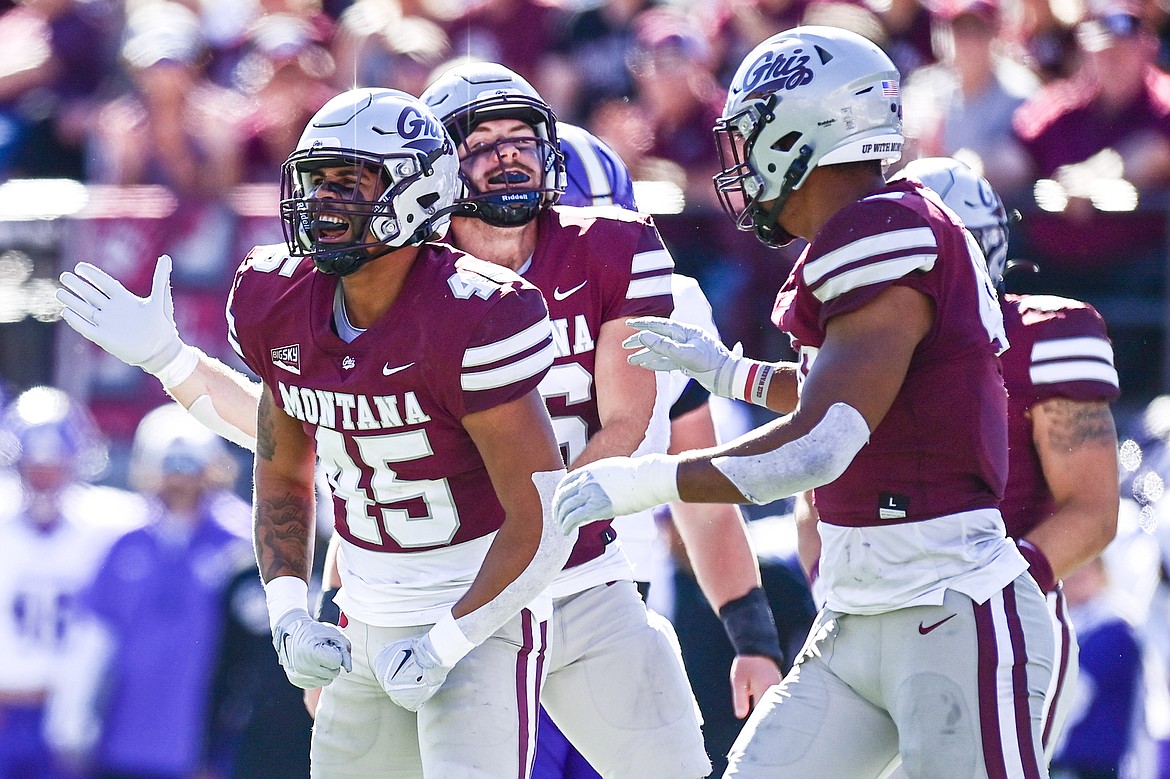 Grizzlies linebacker Caleb Otlewski (45) celebrates after a sack in the third quarter against Western Carolina at Washington-Grizzly Stadium on Saturday, Sept. 21. (Casey Kreider/Daily Inter Lake)