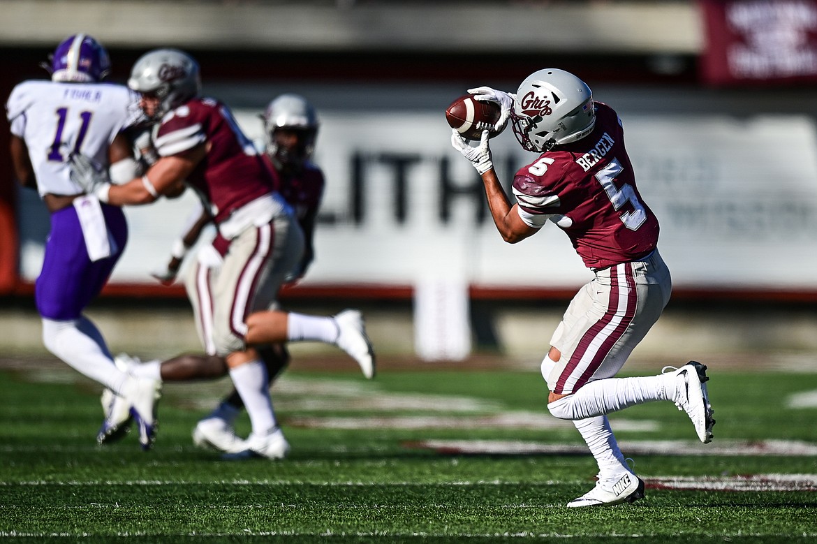 Grizzlies wide receiver Junior Bergen (5) turns upfield after making a reception in the fourth quarter against Western Carolina at Washington-Grizzly Stadium on Saturday, Sept. 21. (Casey Kreider/Daily Inter Lake)