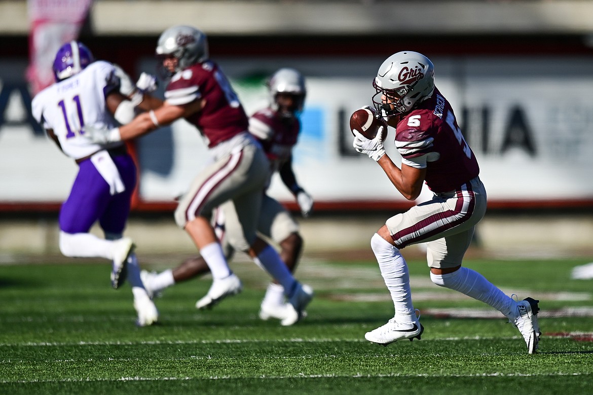 Grizzlies wide receiver Junior Bergen (5) turns upfield after making a reception in the fourth quarter against Western Carolina at Washington-Grizzly Stadium on Saturday, Sept. 21. (Casey Kreider/Daily Inter Lake)