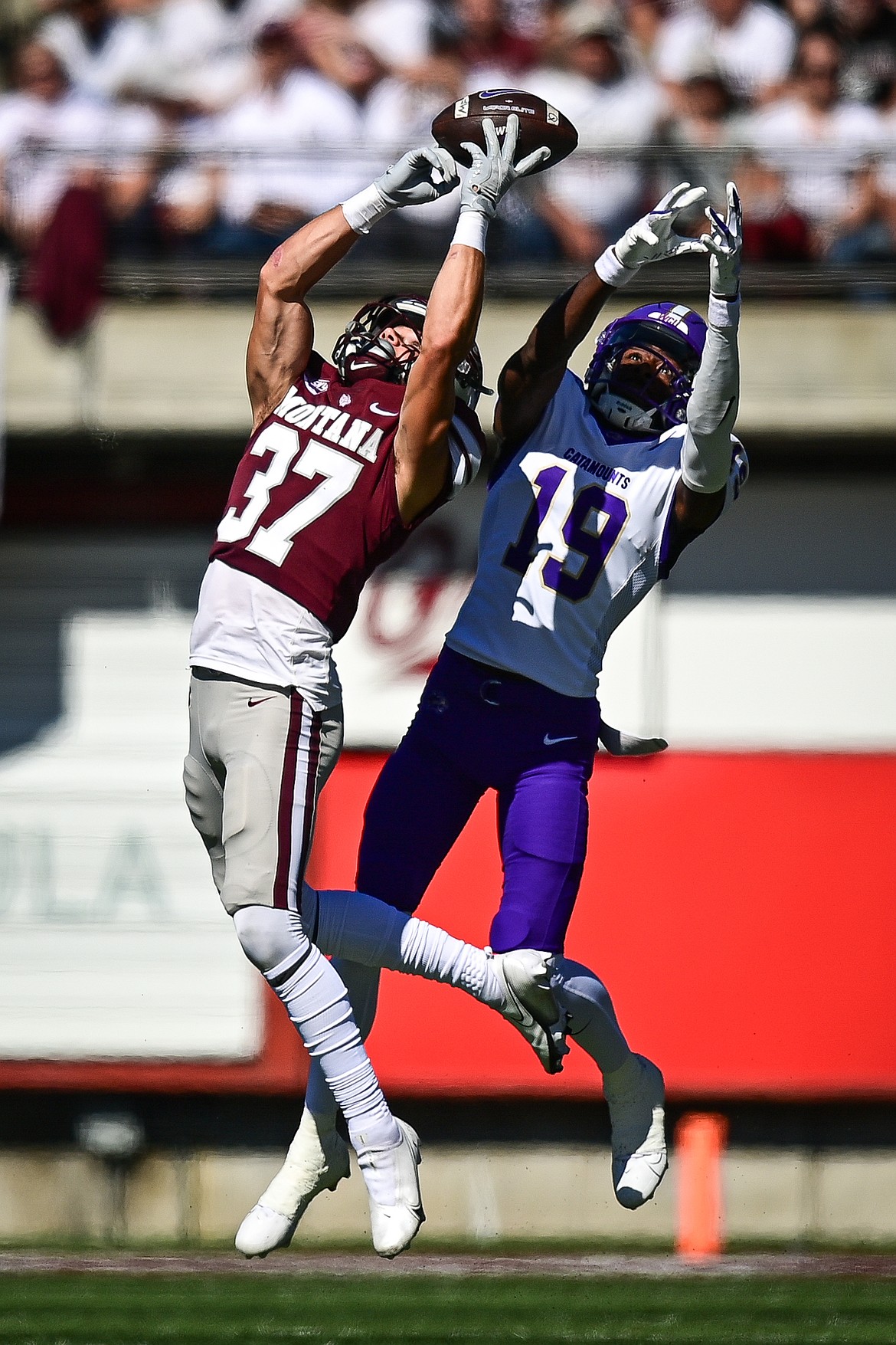 Grizzlies cornerback Trevin Gradney (37) can't come up with an interception in the second quarter against Western Carolina at Washington-Grizzly Stadium on Saturday, Sept. 21. (Casey Kreider/Daily Inter Lake)