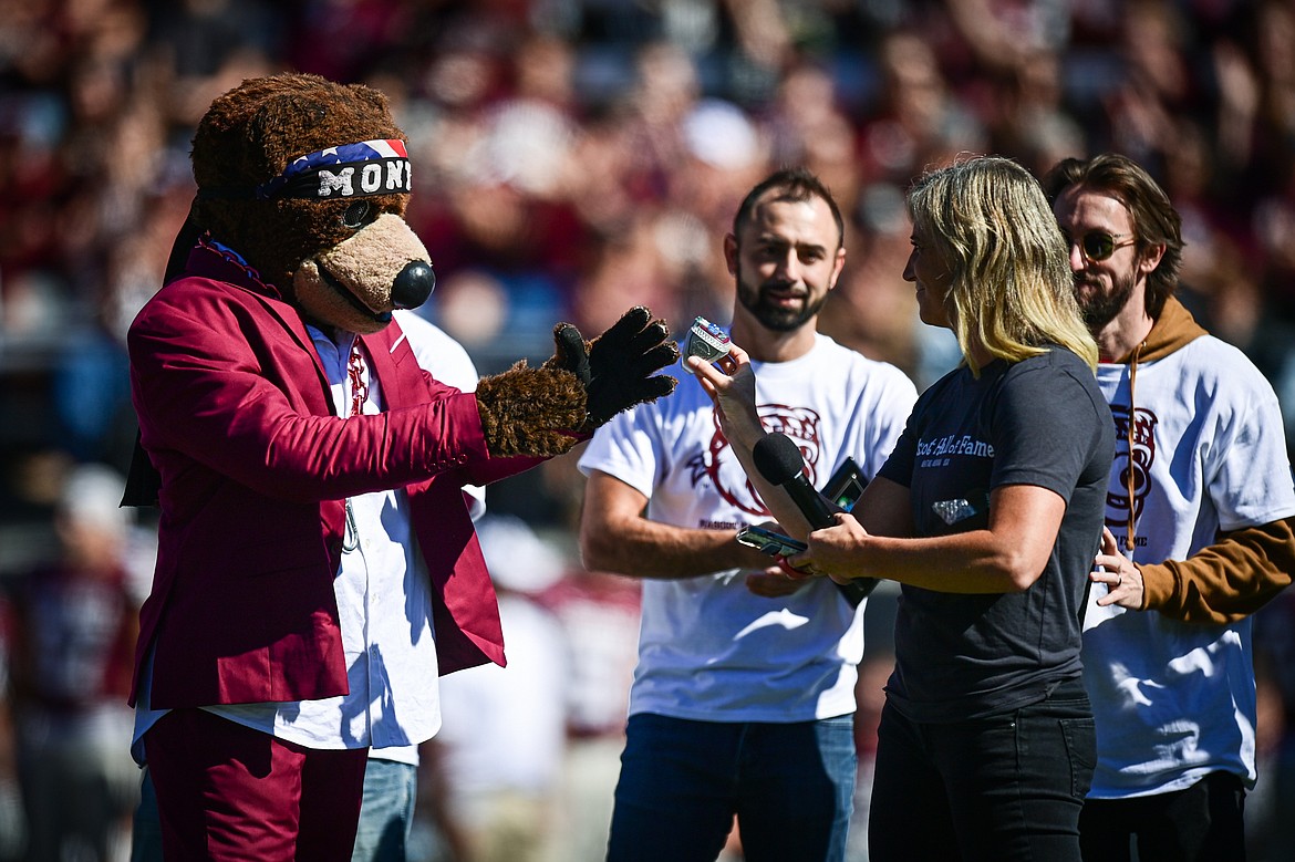 Monte receives his Mascot Hall of Fame ring at Washington-Grizzly Stadium on Saturday, Sept. 21. (Casey Kreider/Daily Inter Lake)