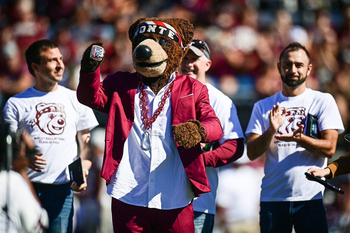 Monte receives his Mascot Hall of Fame ring at Washington-Grizzly Stadium on Saturday, Sept. 21. (Casey Kreider/Daily Inter Lake)