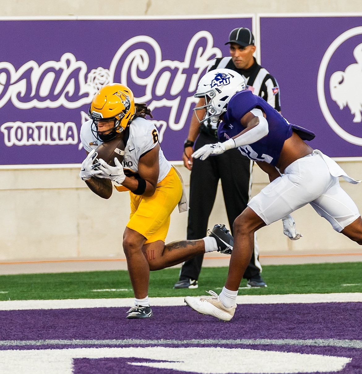 Photo by IDAHO ATHLETICS
Jordan Dwyer of Idaho hauls in a 22-yard touchdown pass from Jack Wagner in the first quarter against Abilene Christian on Saturday in Abilene, Texas.