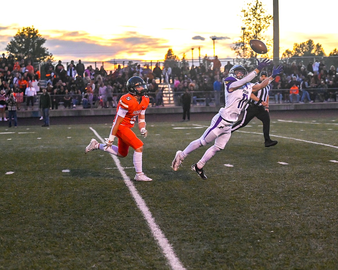 Polson's Bryce Allred lays out for a pass against Ronan. (Christa Umphrey photo)