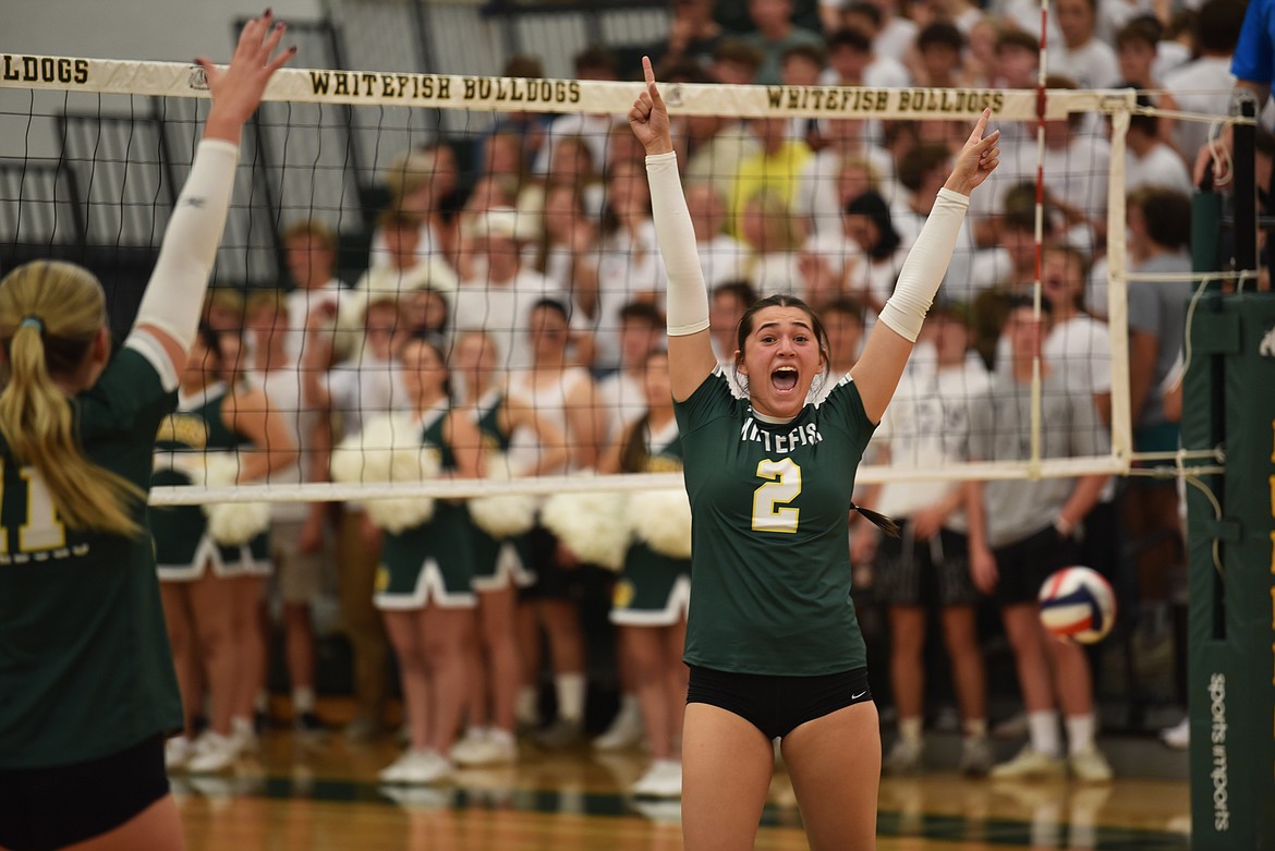 Whitefish's Yoli Krasatev celebrates a point against Bigfork at the varsity volleyball game Sept. 17. (Kelsey Evans/Whitefish Pilot)