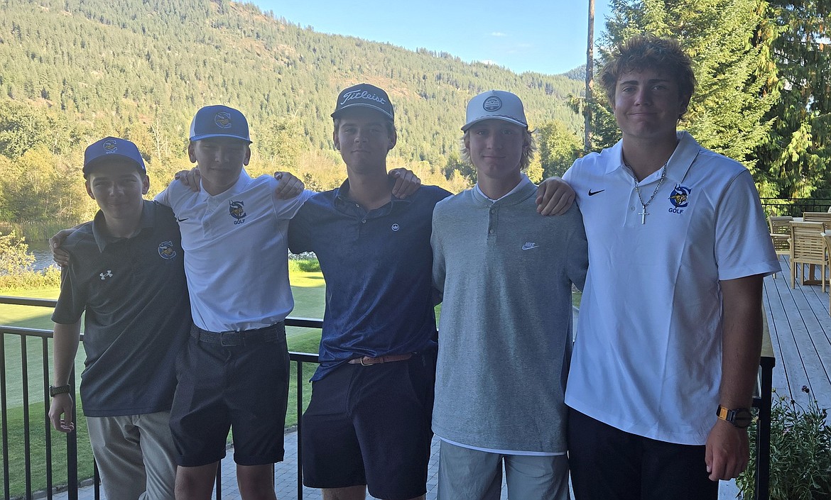 Courtesy photo
Coeur d'Alene High won the boys team title at the Bulldog Invitational on Monday at The Idaho Club outside Sandpoint. From left are Jake-Ryan Borowski, Hunter Paquin, Grant Potter, Brady Rubert and Dylan Cook. Not pictured is Ben Focke.