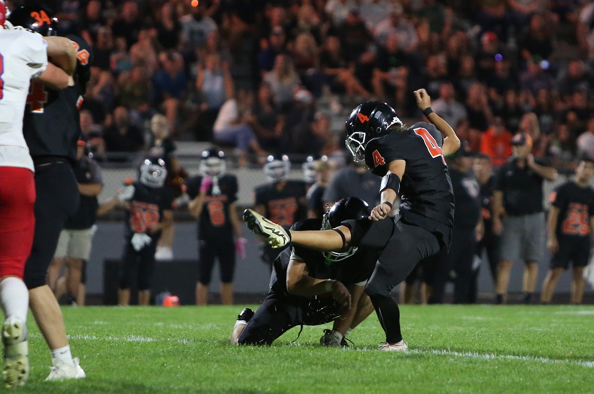 Ephrata junior Caleb Moberg (4) kicks an extra point against Prosser on Sept. 6. Moberg connected on a game-winning field goal late in the fourth quarter against Ellensburg Friday night.